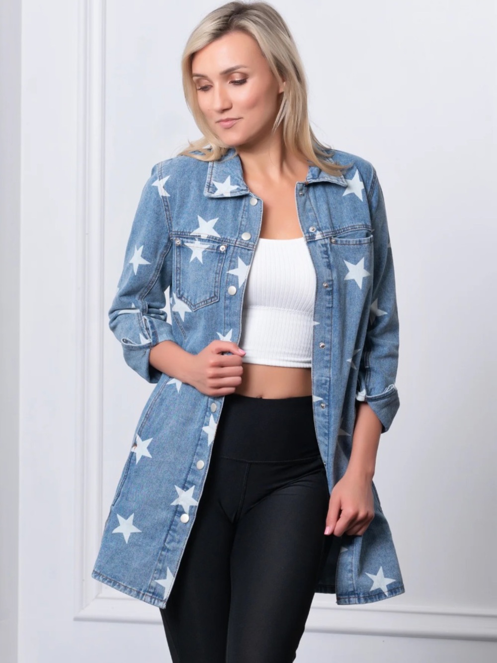 100% Cotton Star-Print Light Blue Denim Long Jean Jacket